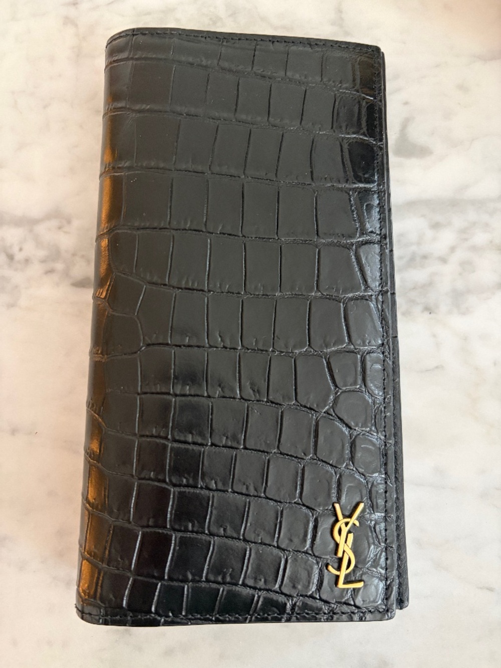 Yves Saint Laurent CONTINENTAL WALLET IN CROCODILE-EMBOSSED MATTE LEATHER